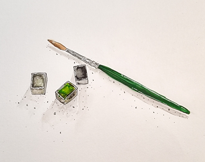 Pinsel und Farbnäpfchen mit Aquarell und Fineliner gemalt Pinsel und Farbnäpfchen mit Aquarell und Fineliner gemalt