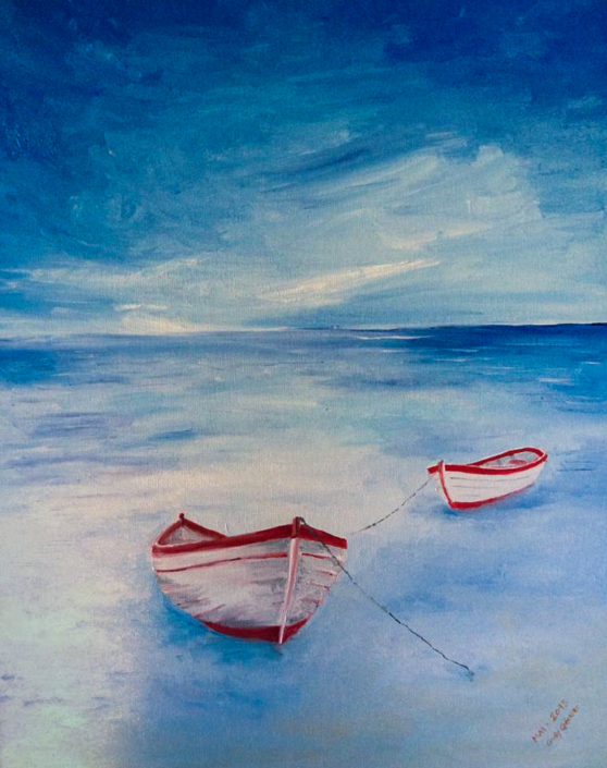 Boote im Meer mit Öl auf bespannter Malplatte Boote im Meer mit Öl auf bespannter Malplatte