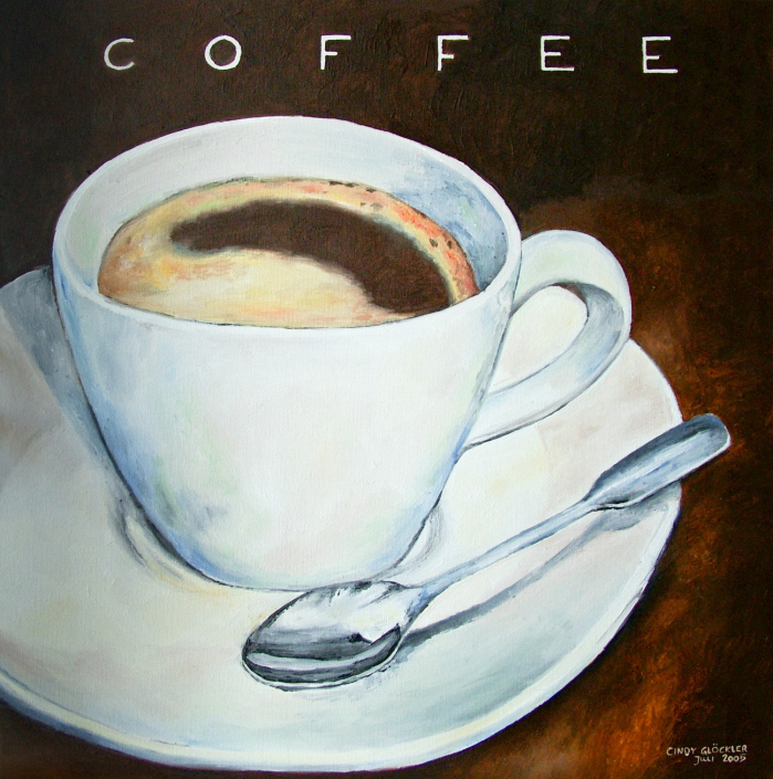 Kaffeetasse mit Löffel in Öl auf Leinwand