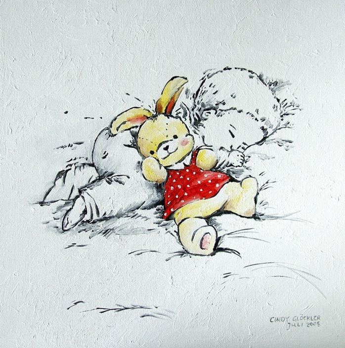 Schlafendes Baby mit Häschen in Öl auf bespannte Malplatte Schlafendes Baby mit Häschen in Öl auf bespannte Malplatte