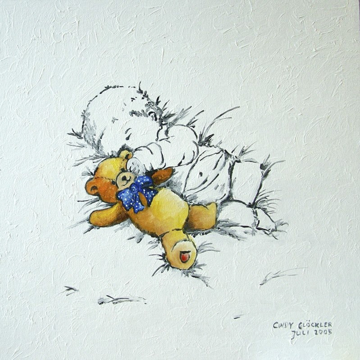 Schlafendes Baby mit Teddy in Öl auf bespannte Malplatte Schlafendes Baby mit Teddy in Öl auf bespannte Malplatte