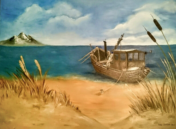 Ein Fischerkutter am Strand mit Öl auf Leinwand Ein Fischerkutter am Strand mit Öl auf Leinwand