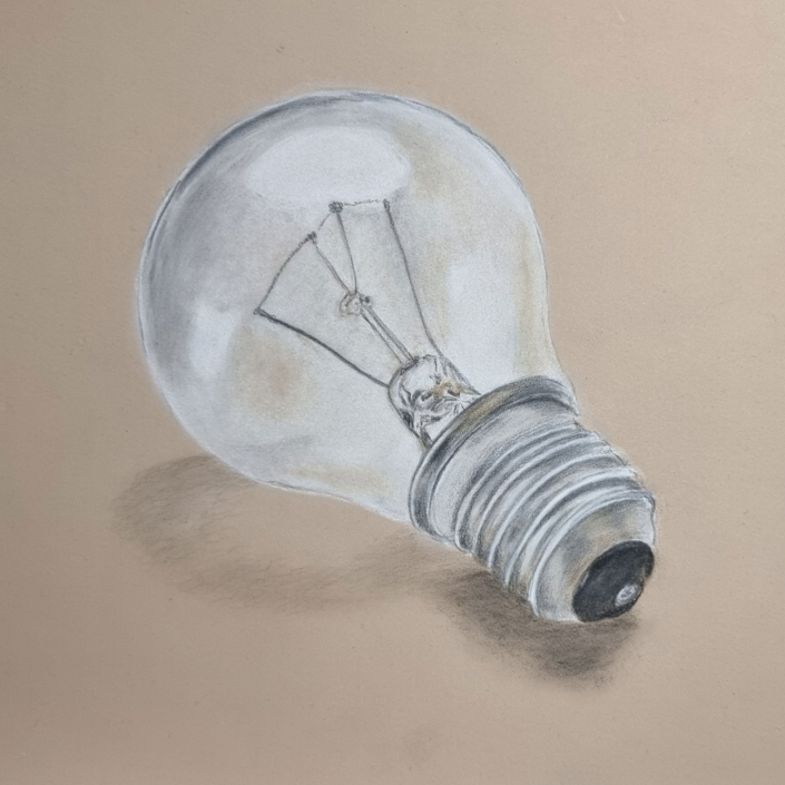 Glühbirne mit Pastellkreide- und Buntstiften auf Pastelmat Glühbirne mit Pastellkreide- und Buntstiften auf Pastelmat