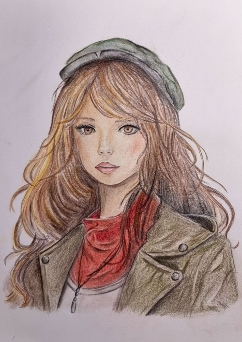 Mädchen mit Mütze in Pastellkreide und Buntstift