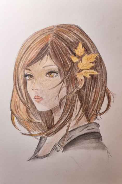 Mädchen mit Blatt im Haar mit Pastellkreide und Buntstift gemalt