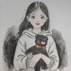 Mädchen mit Teddy - Graphite Aquarelle Mädchen mit Teddy - Graphite Aquarelle