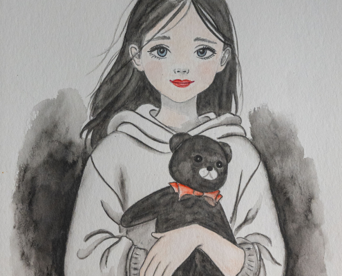 Mädchen mit Teddy - Graphite Aquarelle Mädchen mit Teddy - Graphite Aquarelle