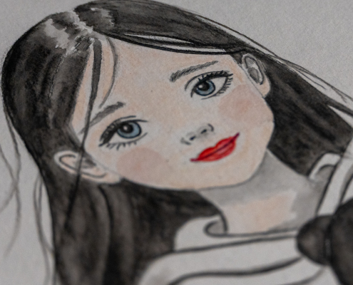 Mädchen mit Teddy - Graphite Aquarelle Mädchen mit Teddy - Graphite Aquarelle