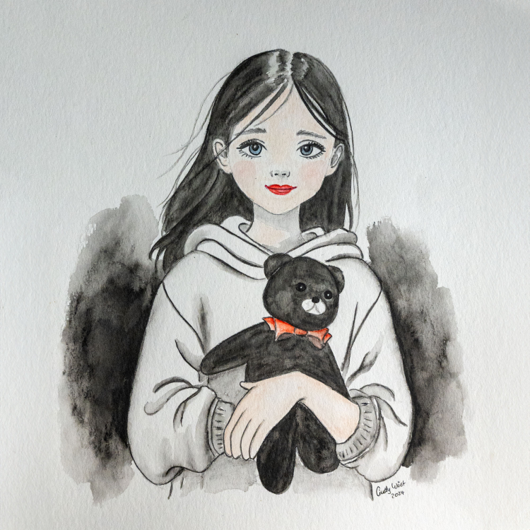 Mädchen mit Teddy - Graphite Aquarelle Mädchen mit Teddy - Graphite Aquarelle