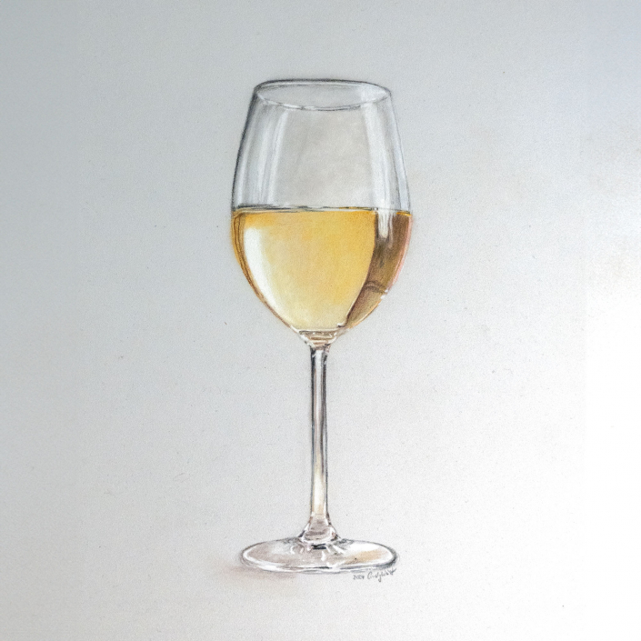 Weißweinglas mit Pastellkreide und Buntstift gemalt