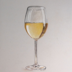 Weißweinglas mit Pastellkreide und Buntstiften